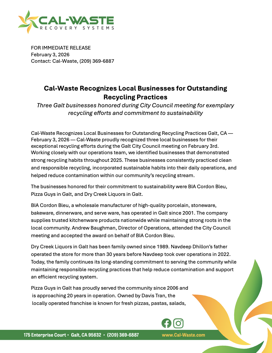 Cal-Waste business recognition press release